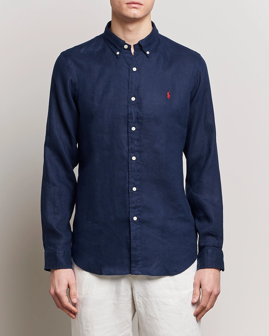 Herre | Gamle produktbilleder | Polo Ralph Lauren | Slim Fit Linen Button Down Shirt Newport Navy