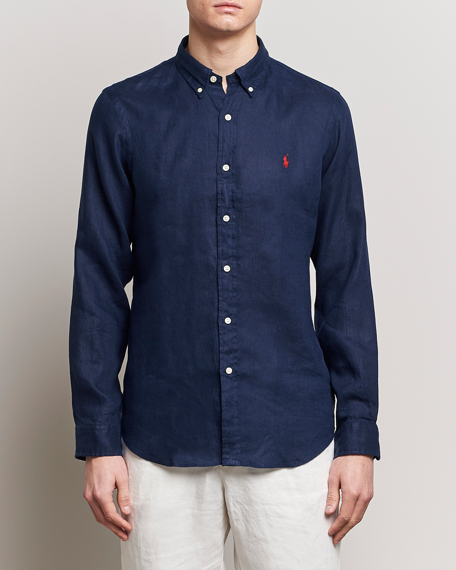 Herre | Linskjorter | Polo Ralph Lauren | Slim Fit Linen Button Down Shirt Newport Navy