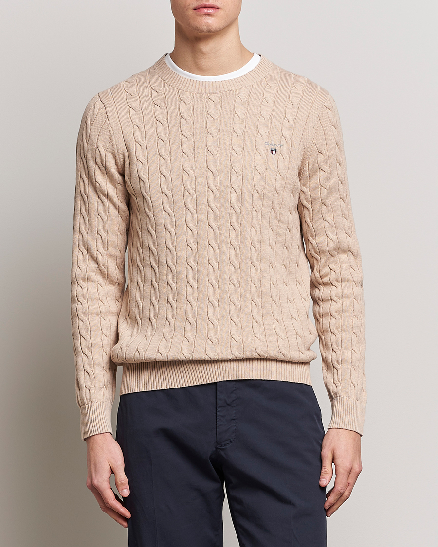 Herre | Strikkede trøjer | GANT | Cotton Cable Crew Neck Dry Sand