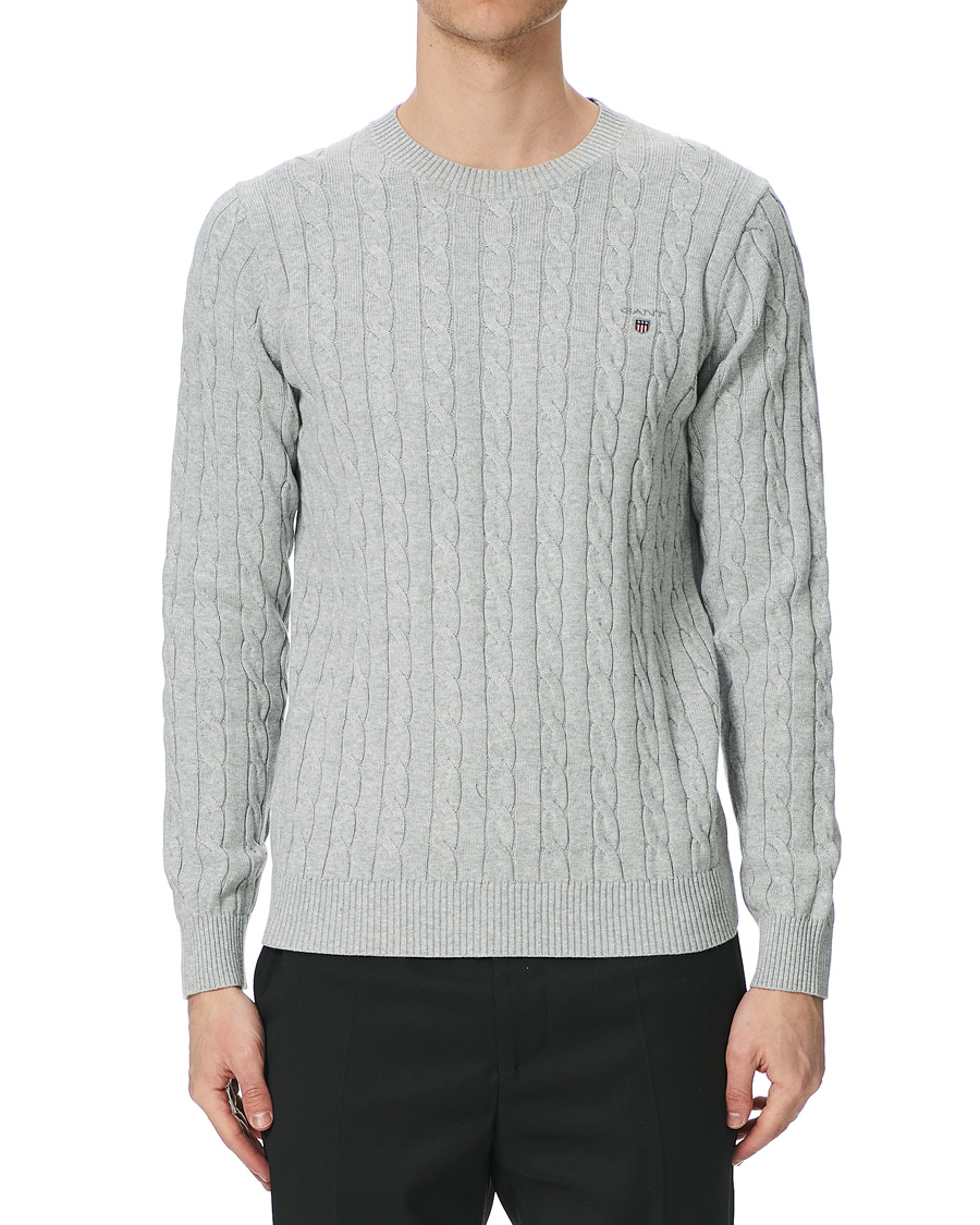 Herre | Trøjer | GANT | Cotton Cable Crew Neck Pullover Light Grey Melange