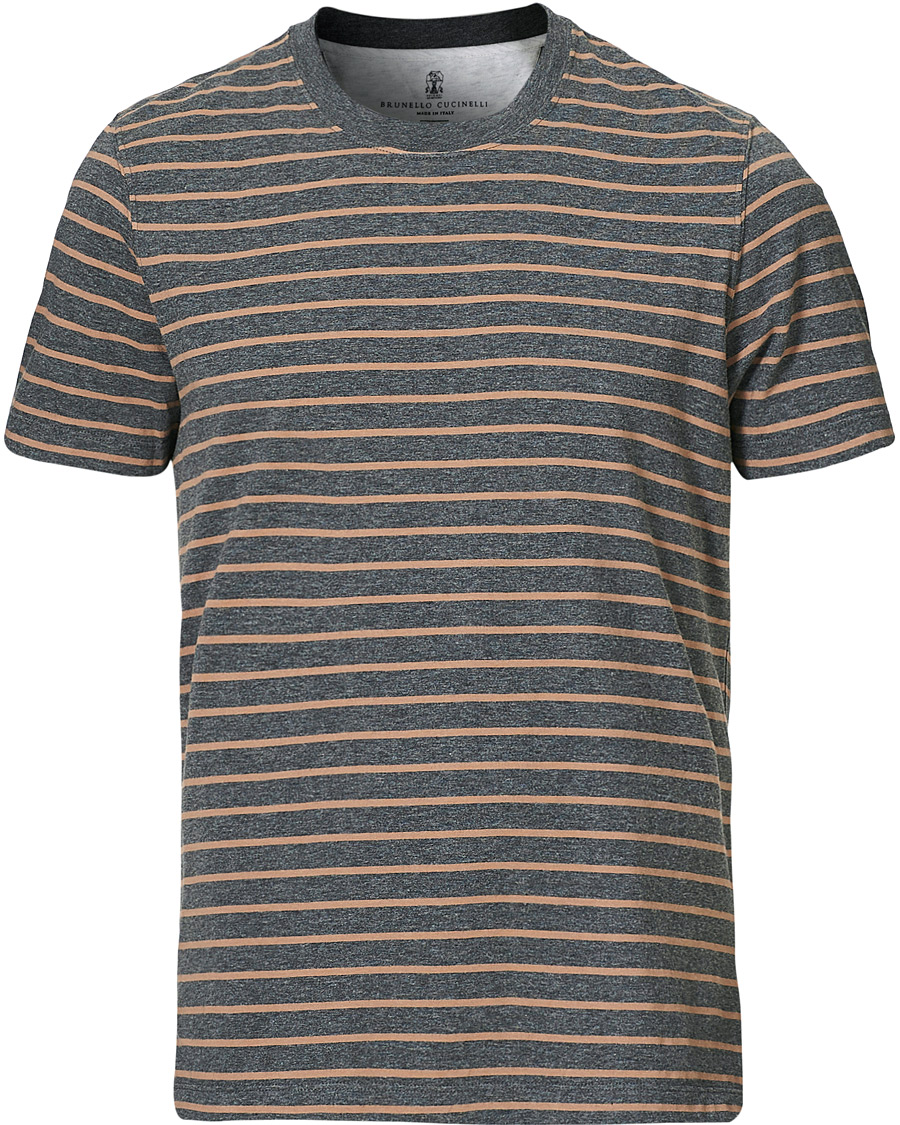 Herre | T-Shirts | Brunello Cucinelli | Breton Stripe Short Sleeve T-Shirt Grey/Brown