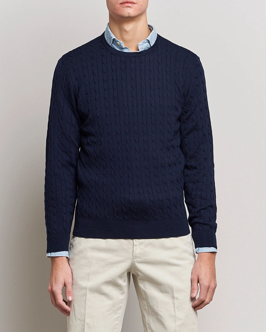 Herre | Strikkede trøjer | Stenströms | Merino Cable Crew Neck Navy