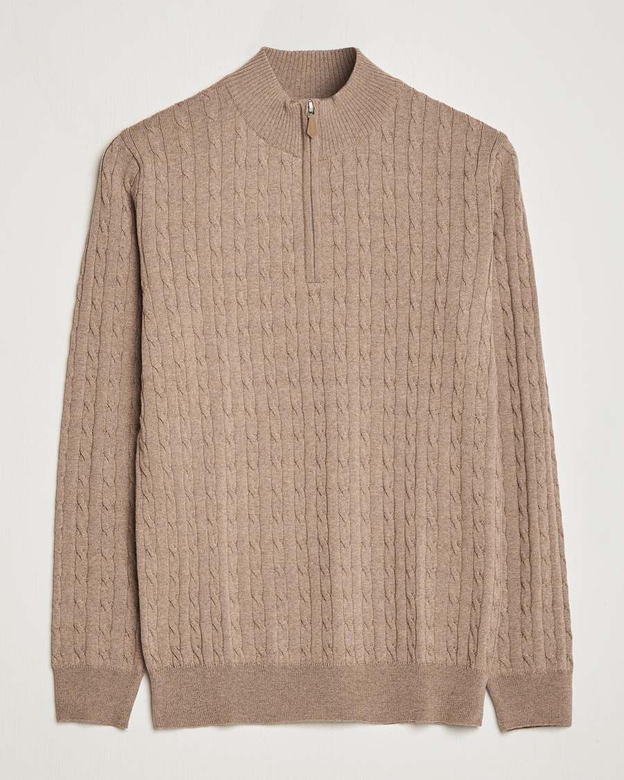 Herre | Trøjer | Stenströms | Merino Wool Cable Half Zip Camel