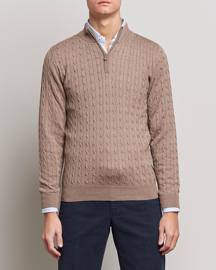 Herre |  | Stenströms | Merino Wool Cable Half Zip Camel