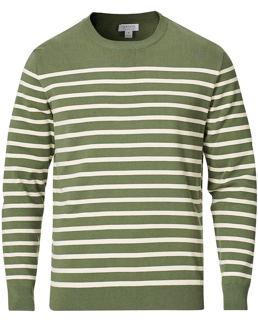 Herre | Trøjer | Sunspel | Breton Stripe Crew Neck Sweater Light Khaki/Ecru