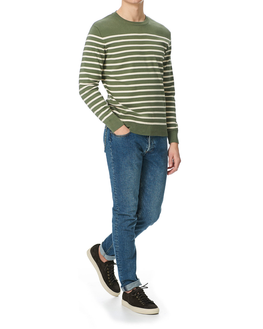Herre | Trøjer | Sunspel | Breton Stripe Crew Neck Sweater Light Khaki/Ecru