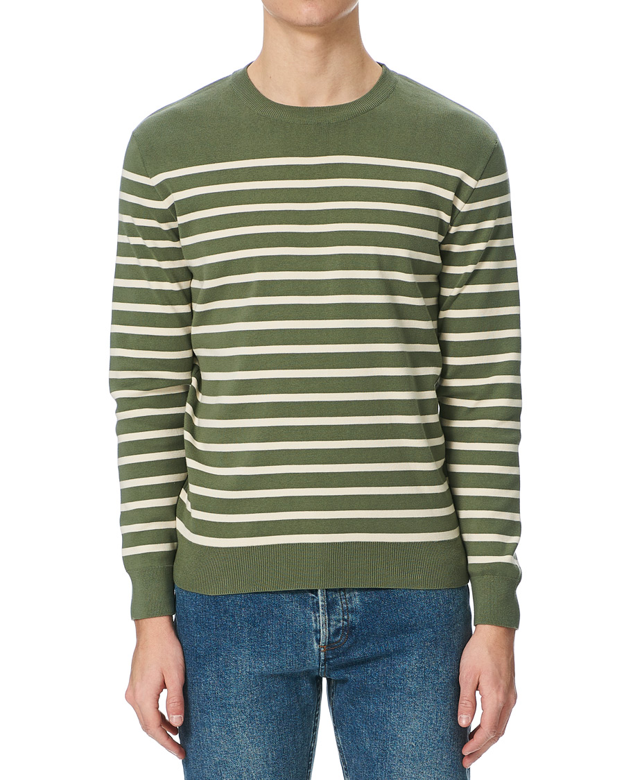 Herre | Trøjer | Sunspel | Breton Stripe Crew Neck Sweater Light Khaki/Ecru