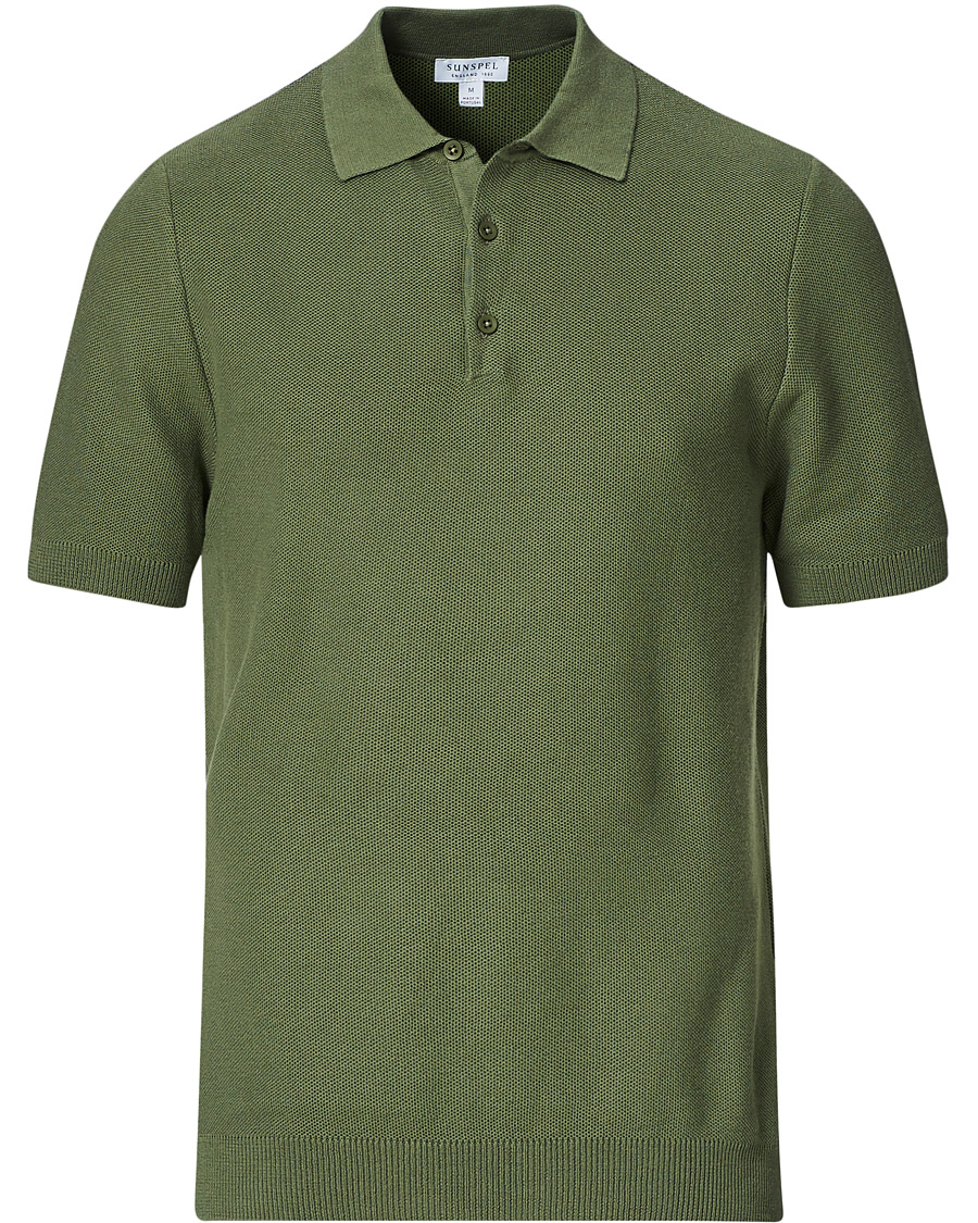 Herre | Polotrøjer | Sunspel | Rack Stitch Fine Knitted Polo Light Khaki