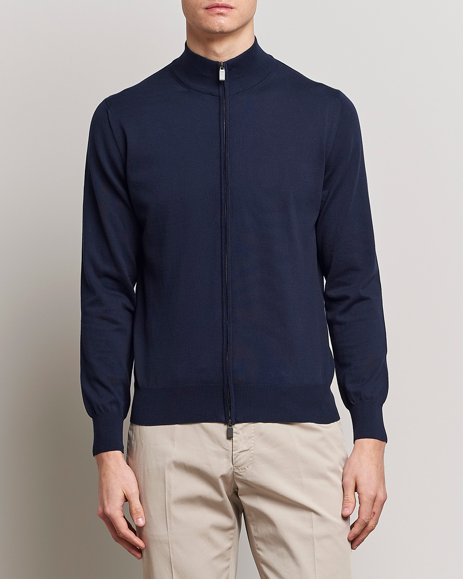 Herre | Canali | Canali | Cotton Full Zip Sweater Navy
