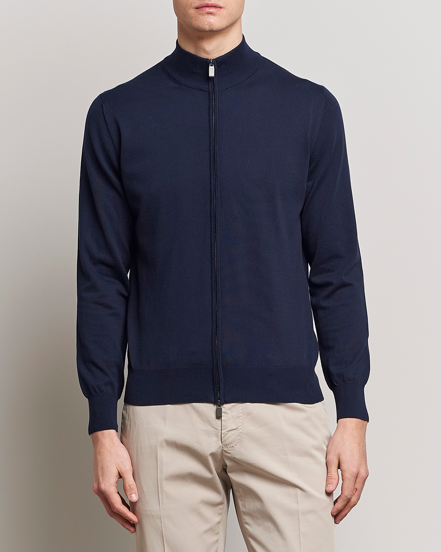 Herre | Full-zip | Canali | Cotton Full Zip Sweater Navy