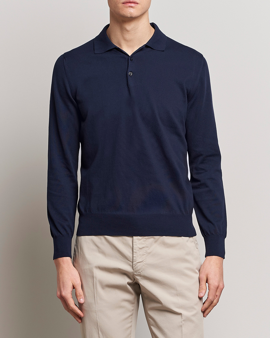 Herre | Canali | Canali | Cotton Long Sleeve Polo Navy