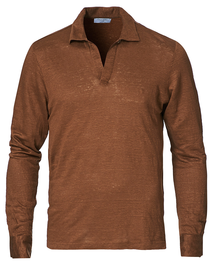Herre | Trøjer | Gran Sasso | Washed Linen Long Sleeve Polo Gold Brown