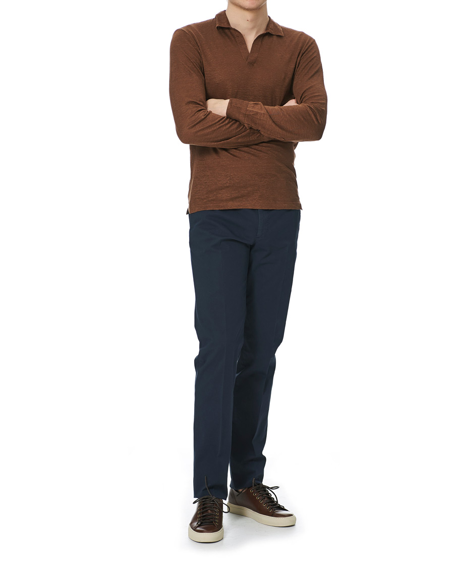Herre | Trøjer | Gran Sasso | Washed Linen Long Sleeve Polo Gold Brown