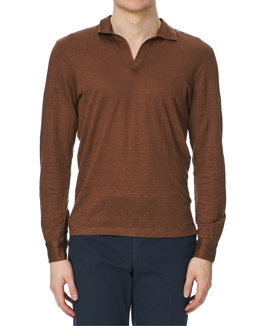 Herre | Trøjer | Gran Sasso | Washed Linen Long Sleeve Polo Gold Brown