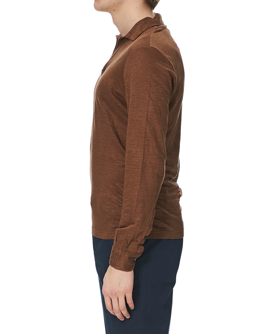 Herre | Trøjer | Gran Sasso | Washed Linen Long Sleeve Polo Gold Brown