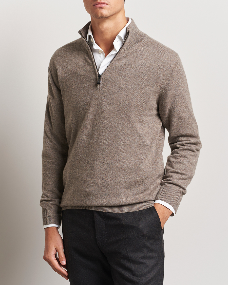 Herre | Half-zip | Piacenza Cashmere | Cashmere Half Zip Sweater Brown