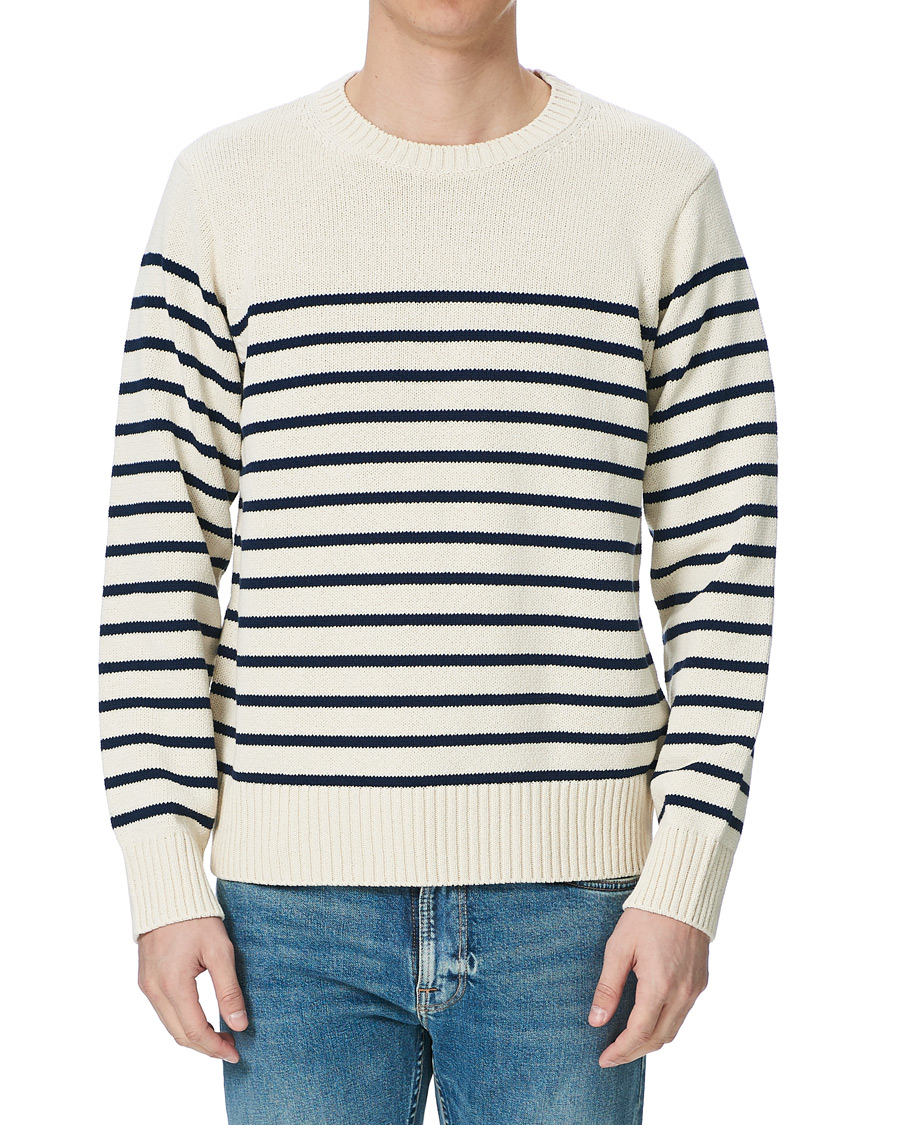 Herre | Trøjer | Nudie Jeans | Hamus Recycled Stripe Crew Neck Off White/Navy