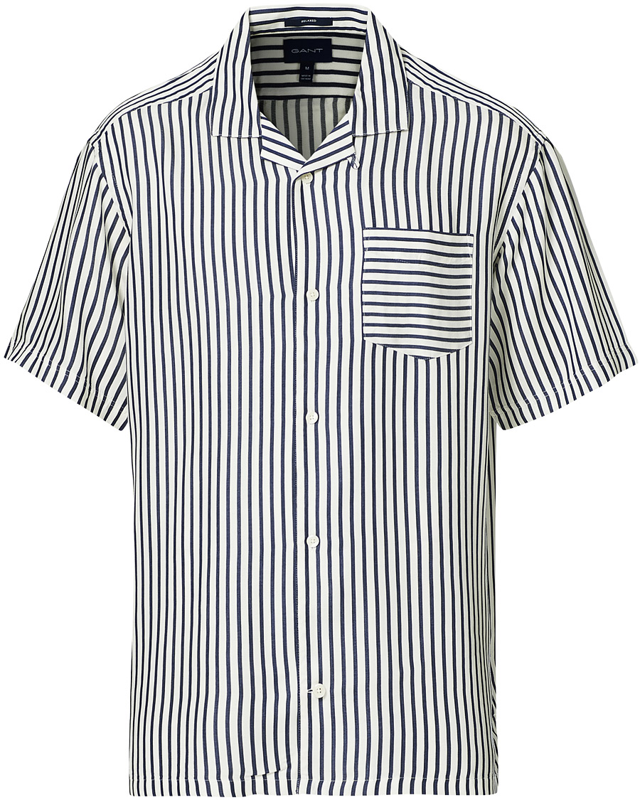 Herre | Skjorter | GANT | Rel Stripe Camp Collar Short Sleeve Shirt White/Blue