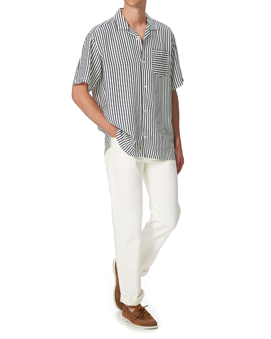 Herre | Skjorter | GANT | Rel Stripe Camp Collar Short Sleeve Shirt White/Blue