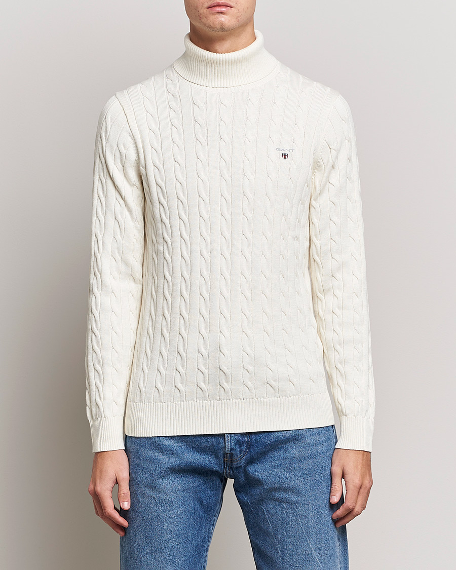 Herr | Polotröjor | GANT | Cotton Cable Turtleneck Cream