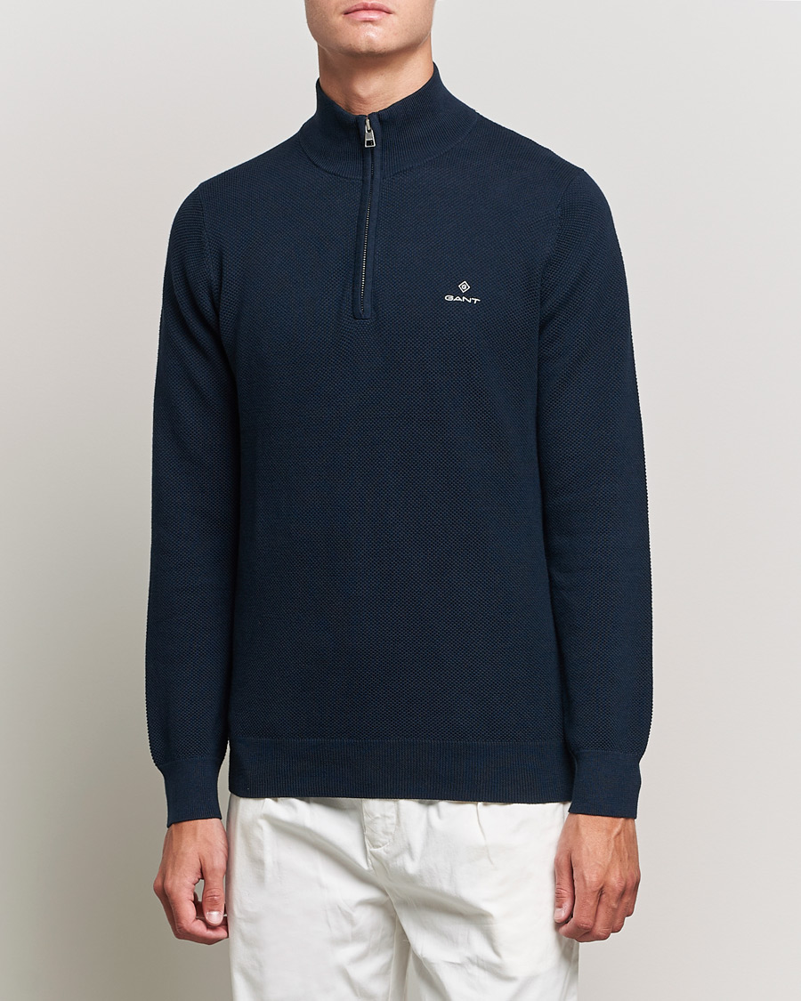 Herre | Trøjer | GANT | Cotton Pique Half-Zip Sweater Evening Blue