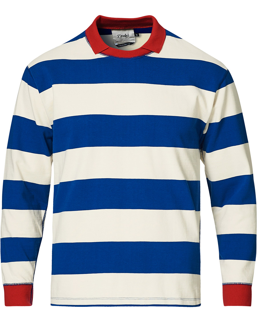 Herre | T-Shirts | Drake's | Mock Collar Long Sleeve Tee Blue/White