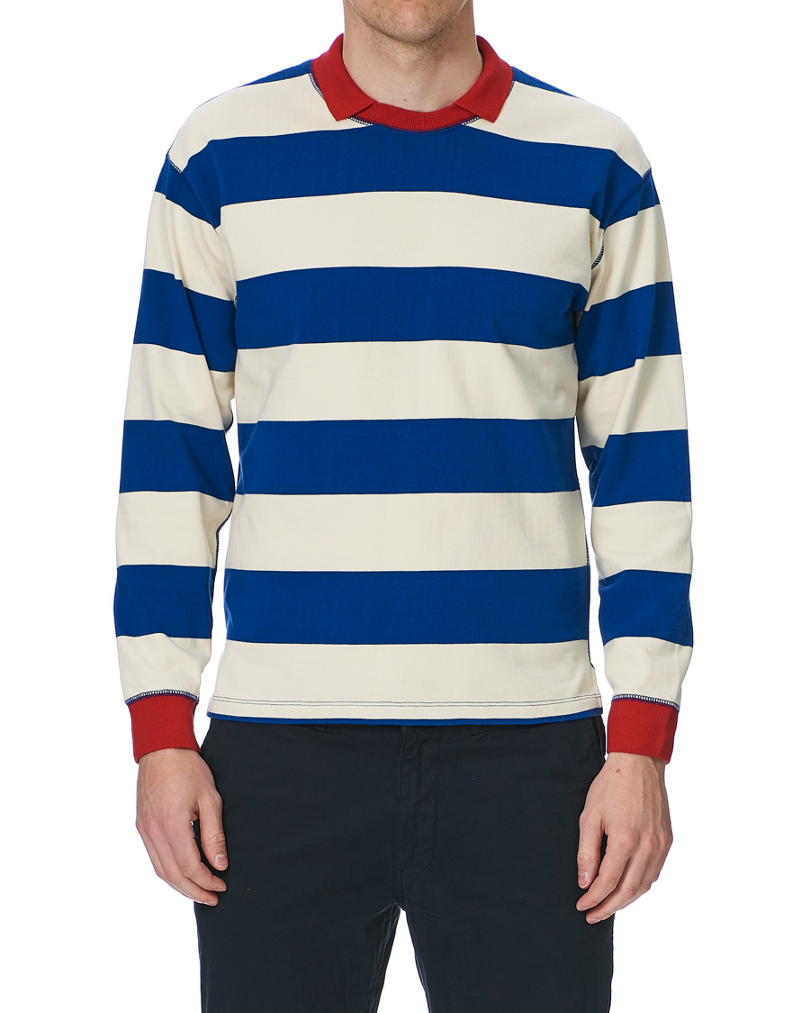 Herre | T-Shirts | Drake's | Mock Collar Long Sleeve Tee Blue/White