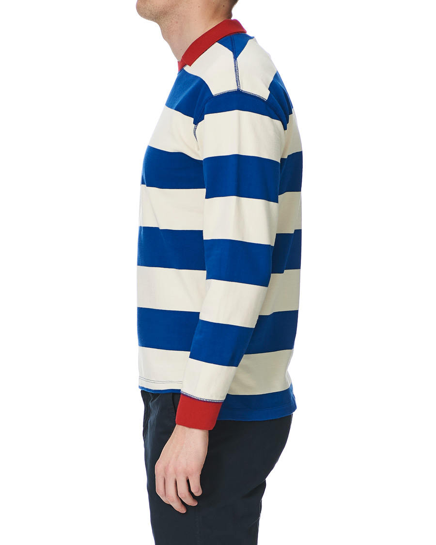 Herre | T-Shirts | Drake's | Mock Collar Long Sleeve Tee Blue/White