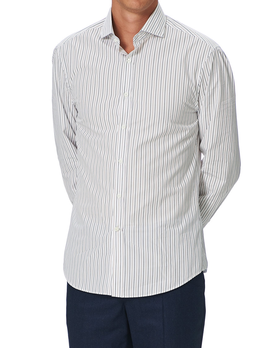 Herre | Skjorter | Brunello Cucinelli | Slim Fit Striped Cotton Shirt White/Beige