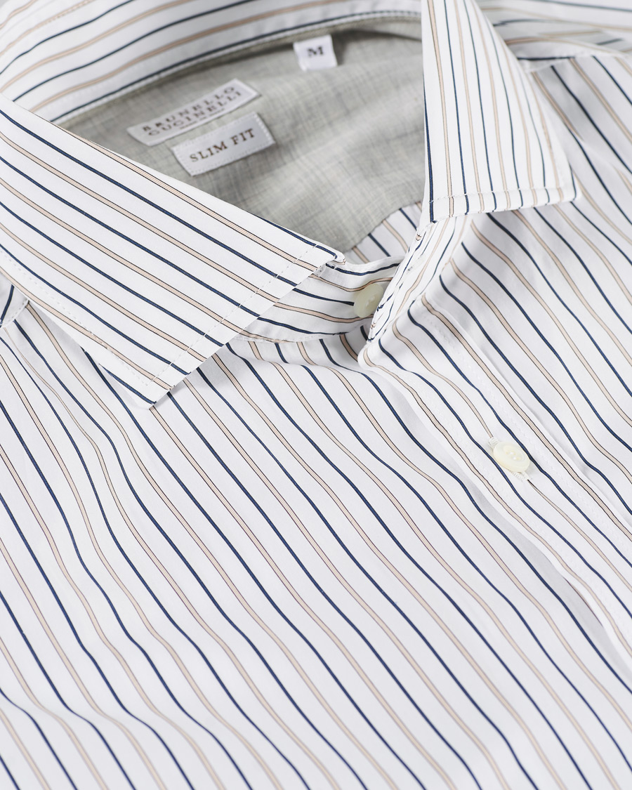 Herre | Skjorter | Brunello Cucinelli | Slim Fit Striped Cotton Shirt White/Beige
