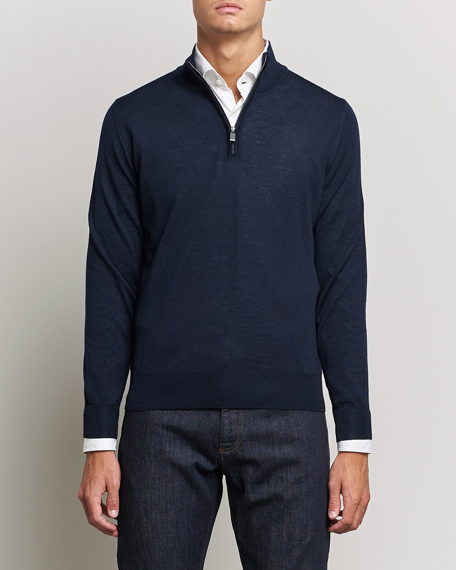 Herre | Trøjer | Canali | Merino Wool Half Zip Navy