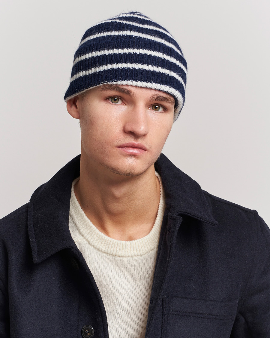 Herre | Tilbehør | Le Bonnet | Lambswool/Caregora Beanie Midnight  Stripe