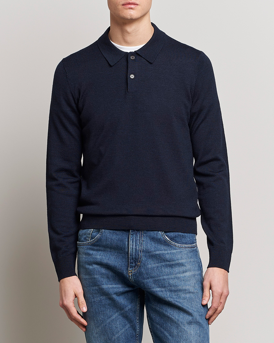 Herre | Strikkede polotrøjer | Morris | Merino Knitted Polo Navy