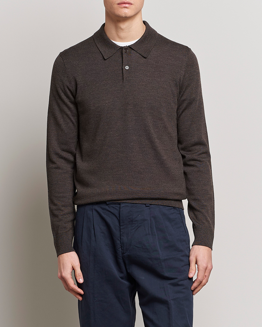 Herr | Stickade pikéer | Morris | Merino Polo Knit Brown