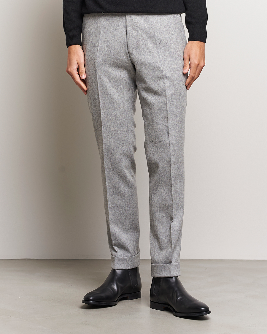 Herre | Bukser | Oscar Jacobson | Denz Turn Up Flannel Trousers Light Grey Melange