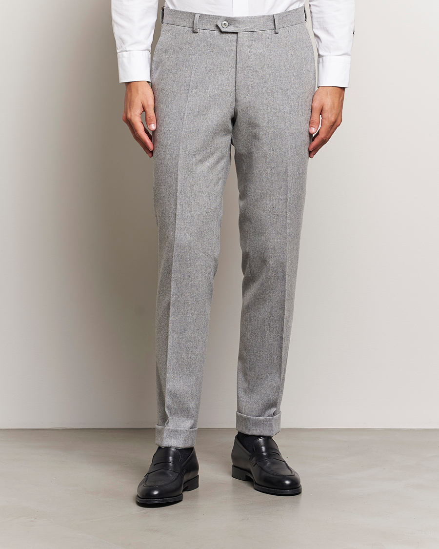 Herre | Bukser | Oscar Jacobson | Denz Turn Up Flannel Trousers Light Grey Melang