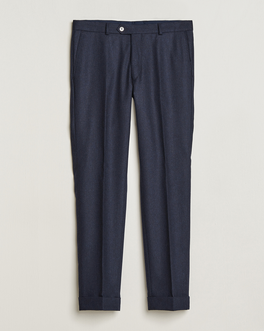 Herre | Bukser | Oscar Jacobson | Denz Turn Up Flannel Trousers Navy Melange