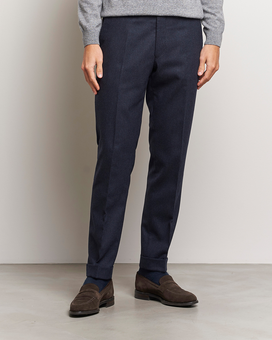 Herre | Bukser | Oscar Jacobson | Denz Turn Up Flannel Trousers Navy Melange