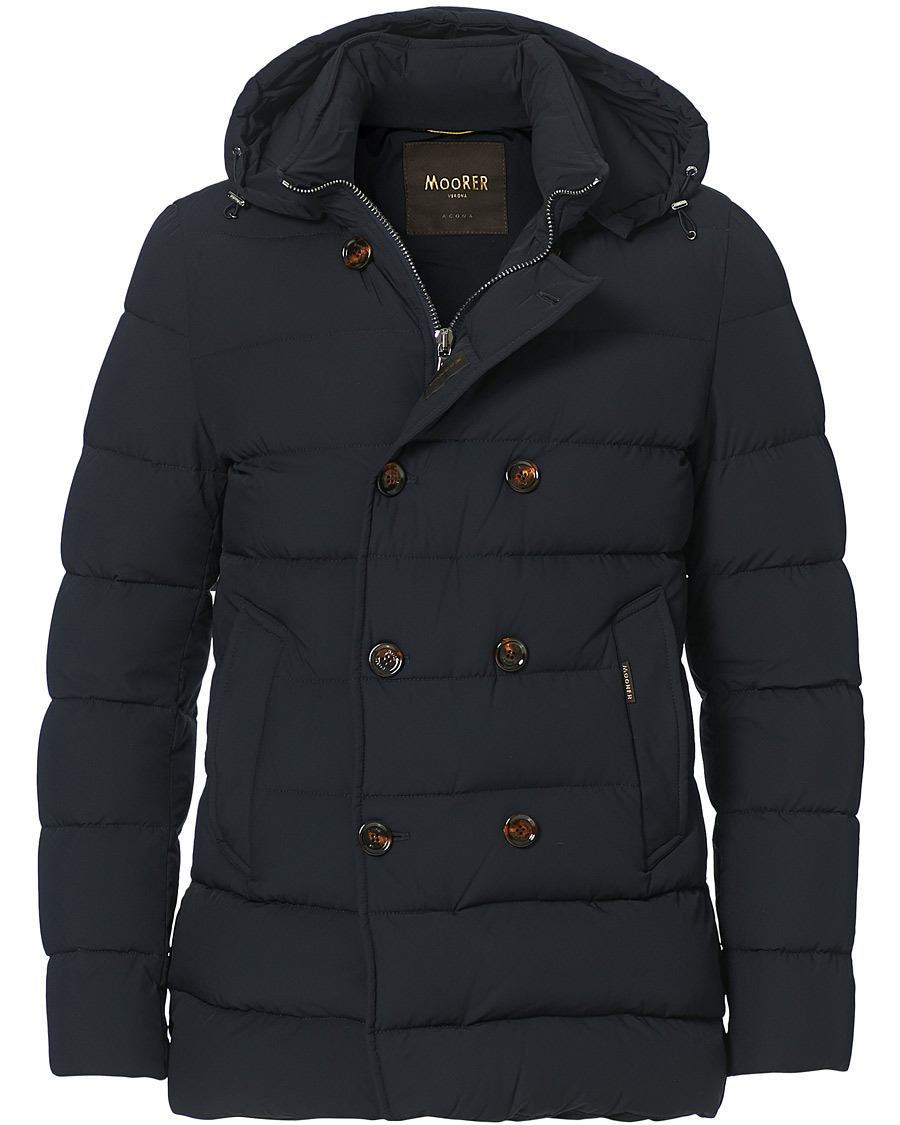 Herre | Jakker | MooRER | Double Breasted Stretch Nylon Hood Coat Navy