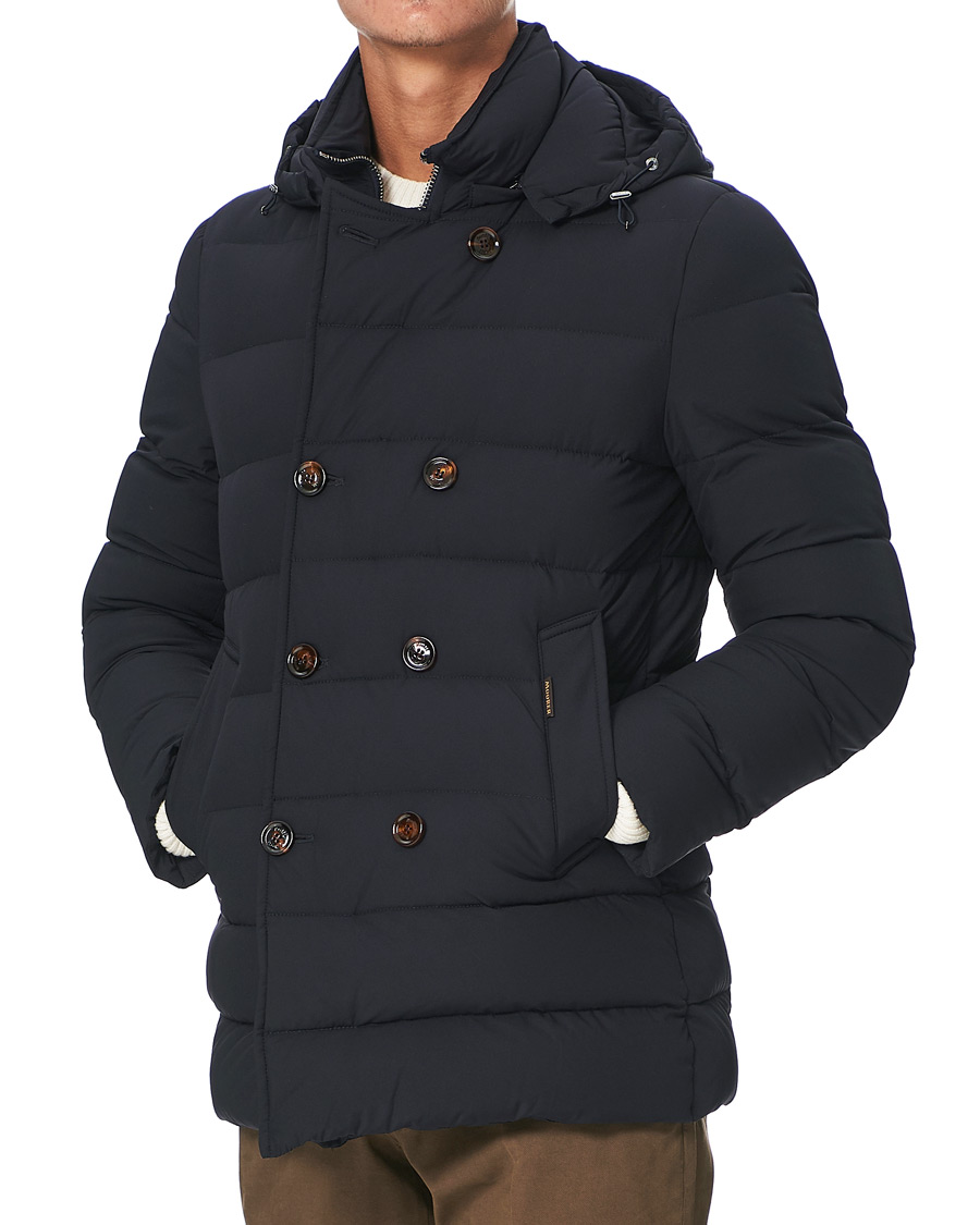 Herre | Jakker | MooRER | Double Breasted Stretch Nylon Hood Coat Navy