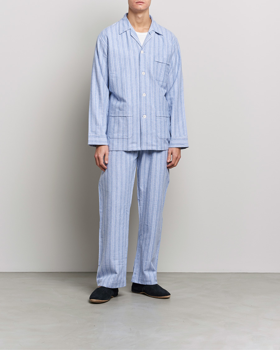 Herre |  | Derek Rose | Brushed Cotton Flannel Striped Pyjama Set Blue