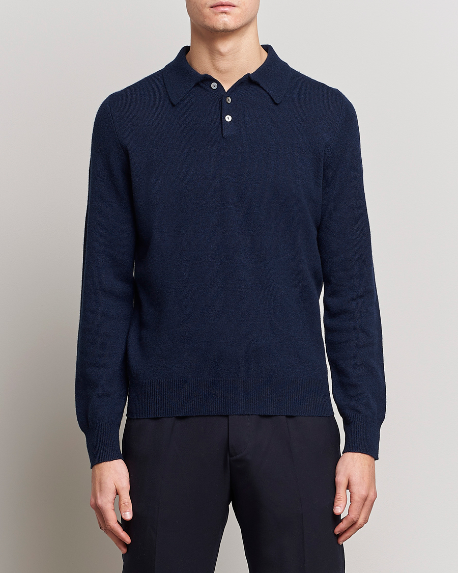 Herre | Strikkede polotrøjer | People's Republic of Cashmere | Cashmere Long Sleeve Polo Navy