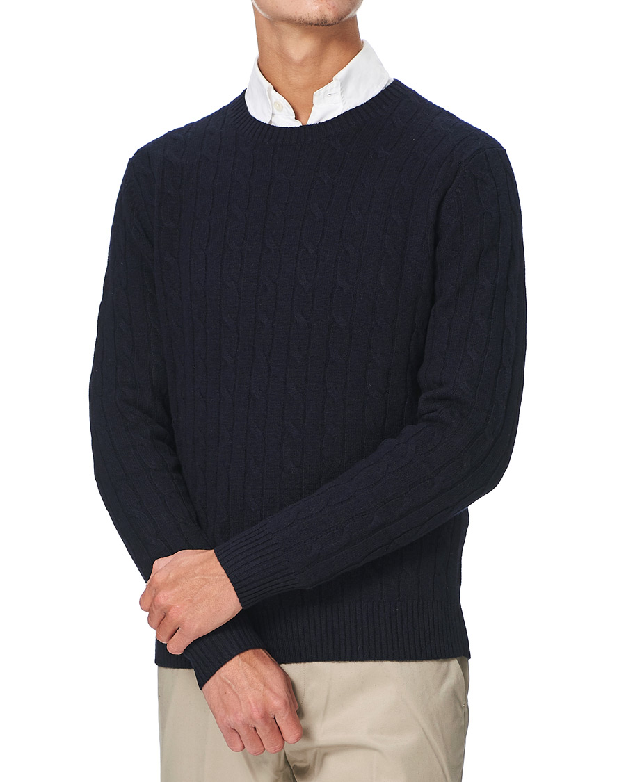 Herre | Trøjer | Brooks Brothers | Lambswool Cable Crew Neck Navy