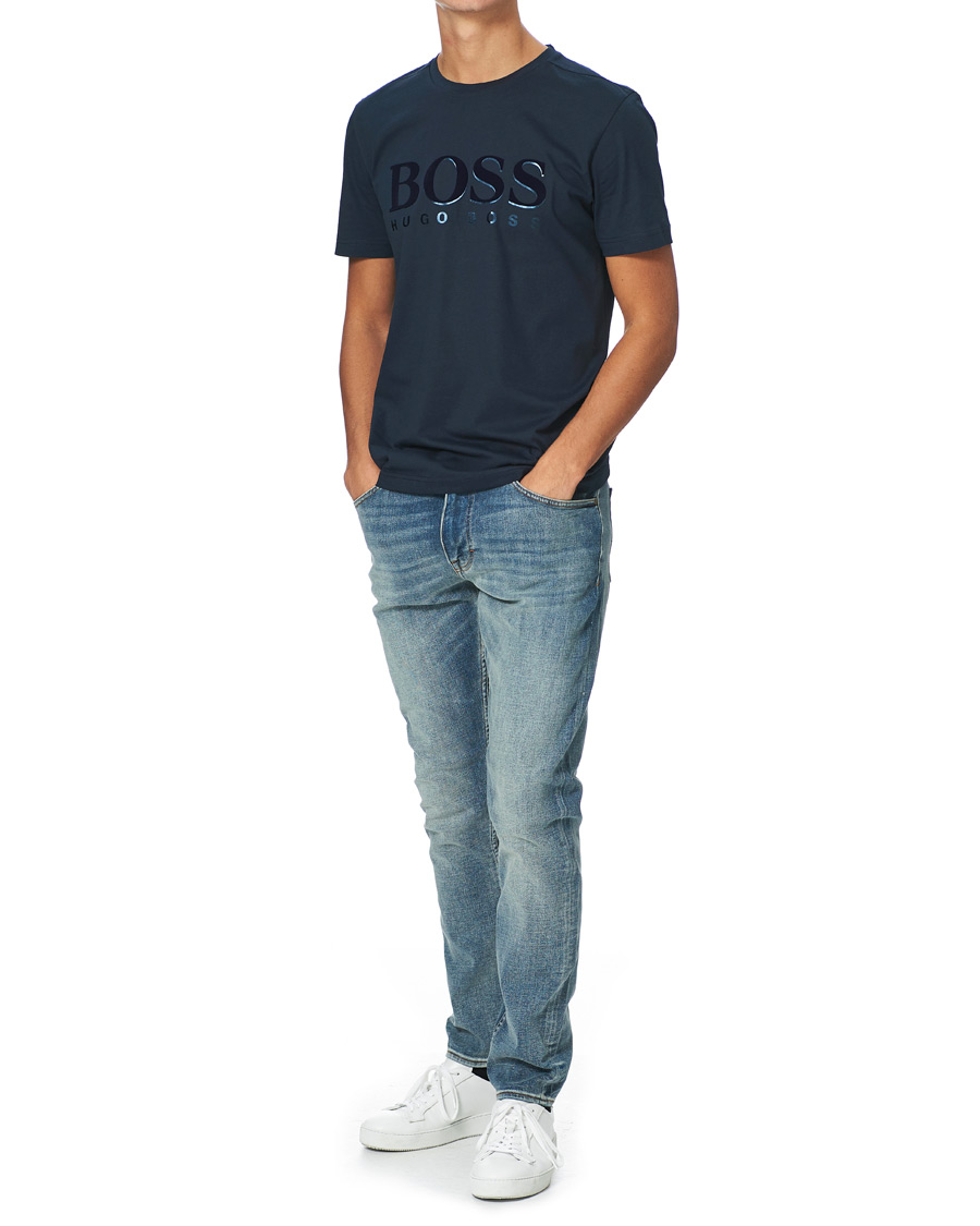 Herre | T-Shirts | BOSS GREEN | BOSS Athleisure Velour Logo Crew Neck Tee Navy