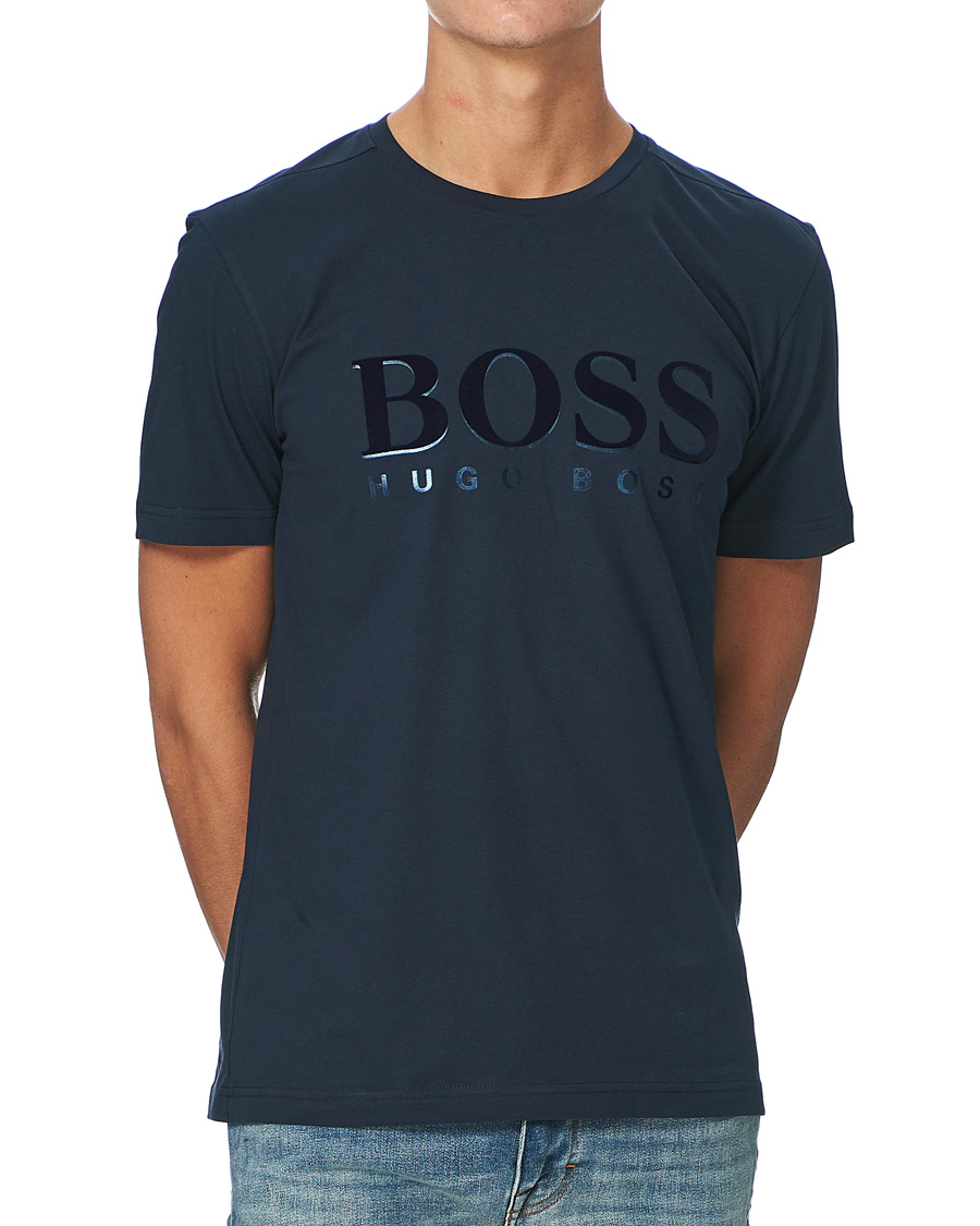 Herre | T-Shirts | BOSS GREEN | BOSS Athleisure Velour Logo Crew Neck Tee Navy