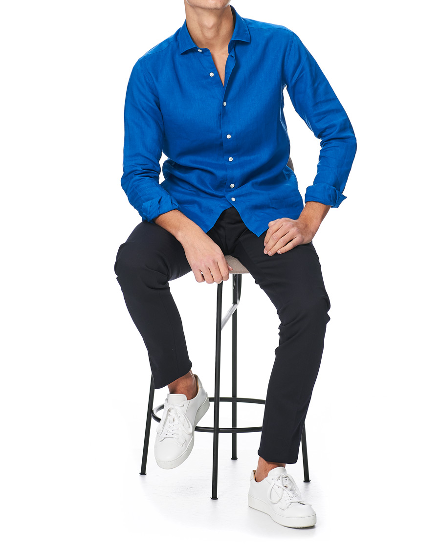 Herre | Skjorter | Kamakura Shirts | Slim Fit Linen Shirt Cobalt Blue