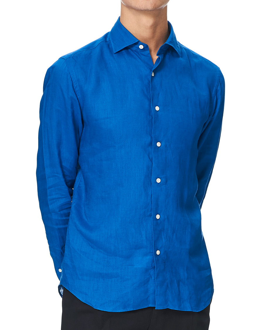 Herre | Skjorter | Kamakura Shirts | Slim Fit Linen Shirt Cobalt Blue