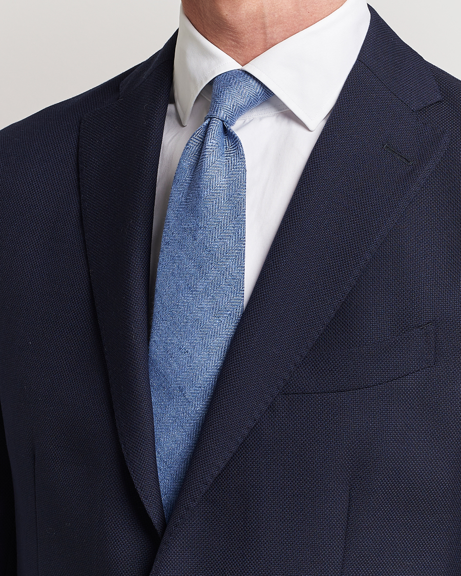 Herre | Amanda Christensen Linen Herringbone 8cm Tie Blue | Amanda Christensen | Linen Herringbone 8cm Tie Blue