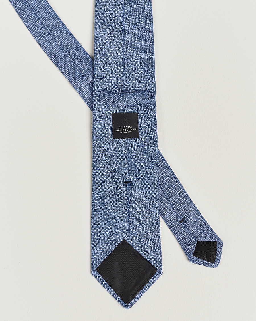Herre | Amanda Christensen Linen Herringbone 8cm Tie Blue | Amanda Christensen | Linen Herringbone 8cm Tie Blue