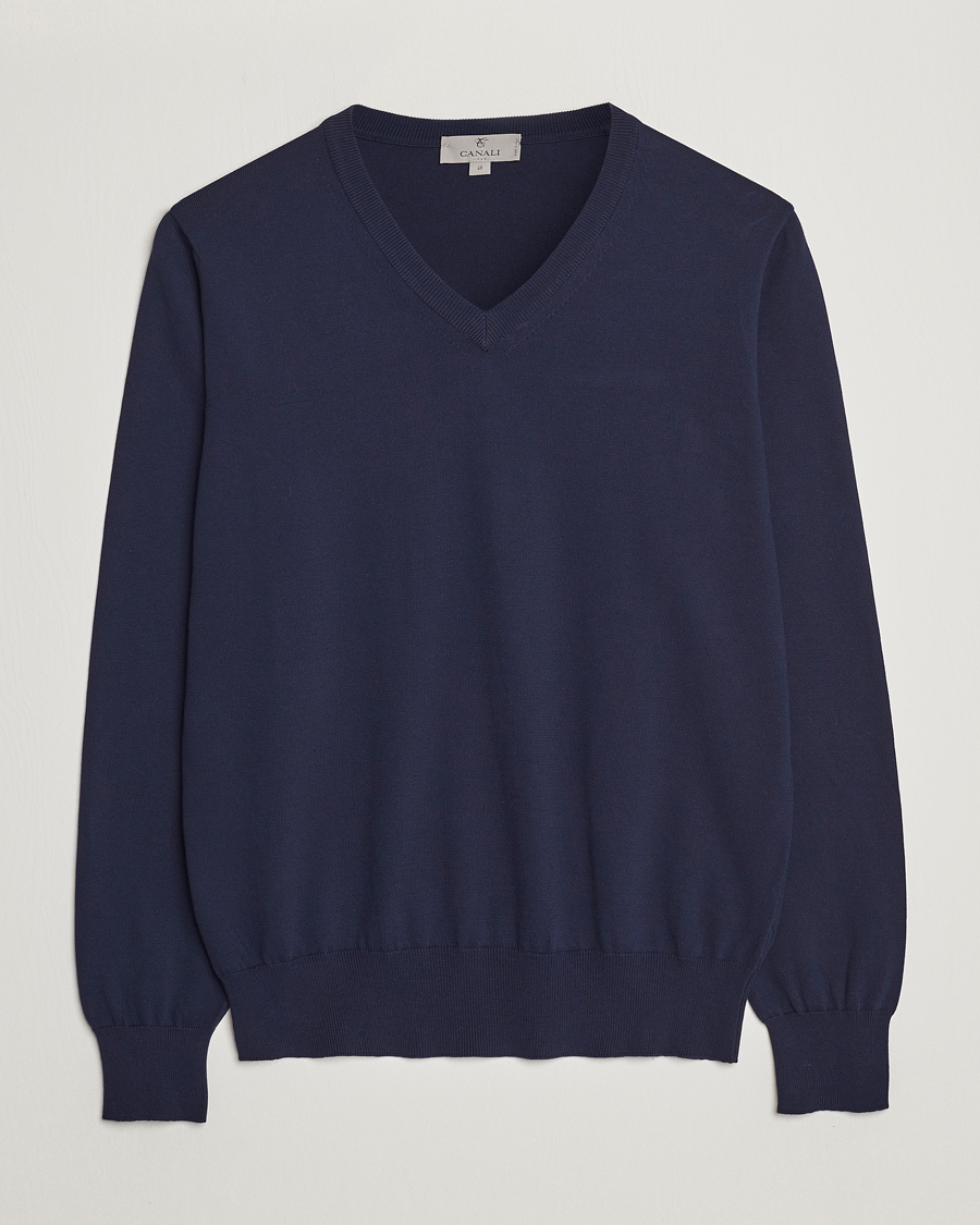 Herre | Trøjer | Canali | Cotton V-Neck Pullover Navy
